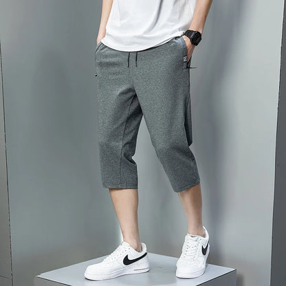 Summer Zip Pockets Sweat Shorts Men Sportswear 3/4 Capris Pants Breathable Cotton Straight Breeches Short Pants Big Size 8XL