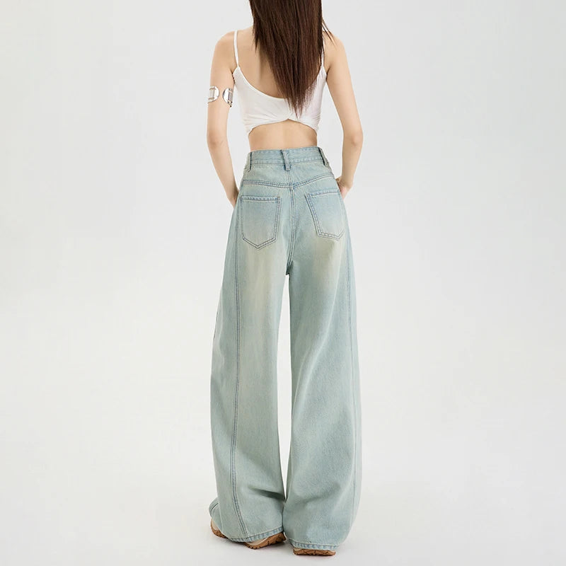 Summer Lyocell Thin Woman Jeans High Waist Wide Leg Denim Clothing Design Sense Comfort Straight Pant Retro Blue Casual Trousers