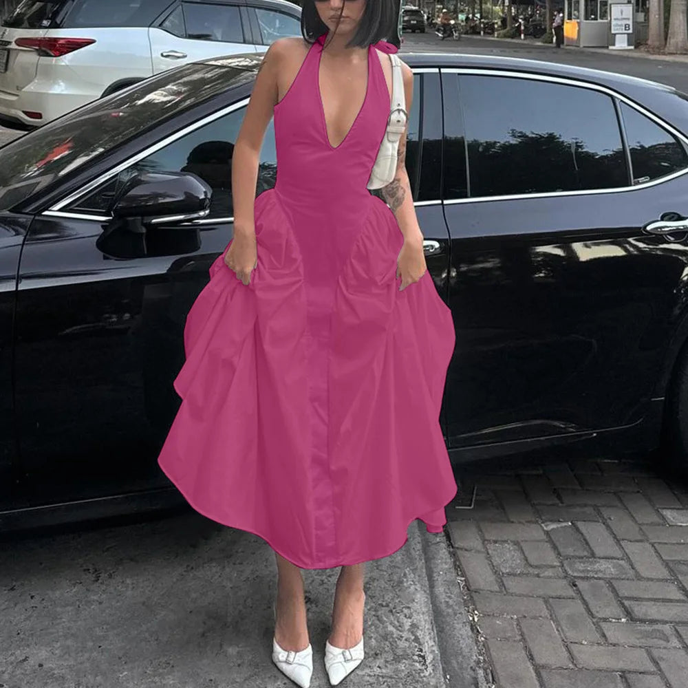 Talenza Backless Deep V Spliced Long Dress Summer Women's Sexy Party Kjole Halter Ny mode Slim hvid ærmeløs lang kjole