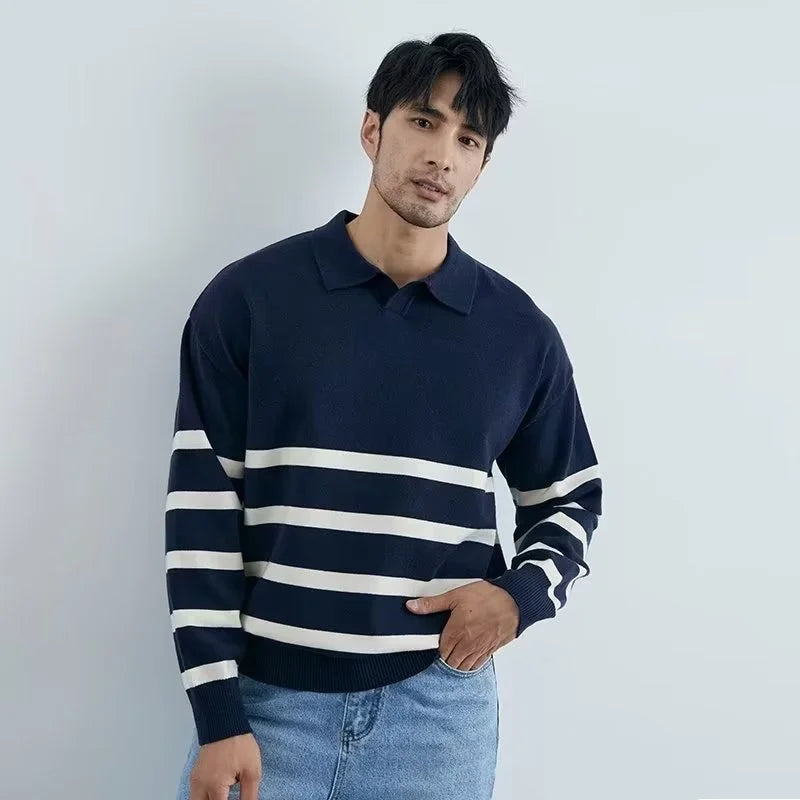 Efterår enkel lapel stribet sweater til mænd afslappet vintage koreansk mode strikstøj top ny y2k løs strikket pullover jumper