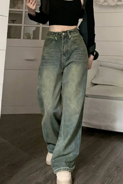 「MD」2024 New Retro Jeans Women Irregular High Waist Slimming Wide Leg Mop Long Pants Fashion