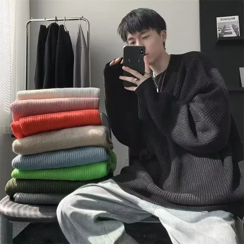 2025 Haust áhafnarháls Solid Color Pullover peysur fyrir karla frjálslegur y2k prjónað peysa High Street Fashion Jumpers Hombre