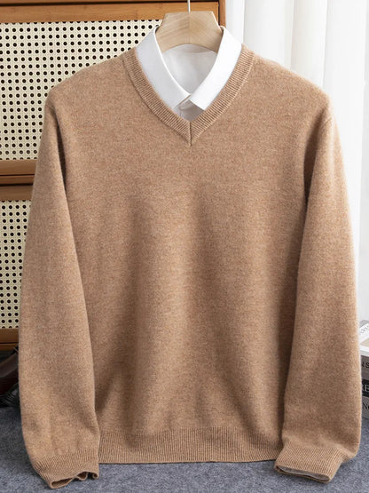 Men 100% Merino Wool Sweater V-Neck Pullover Autumn Winter Cashmere Warm Solid Knitwear Clothes Business Bottoming Soft Tops