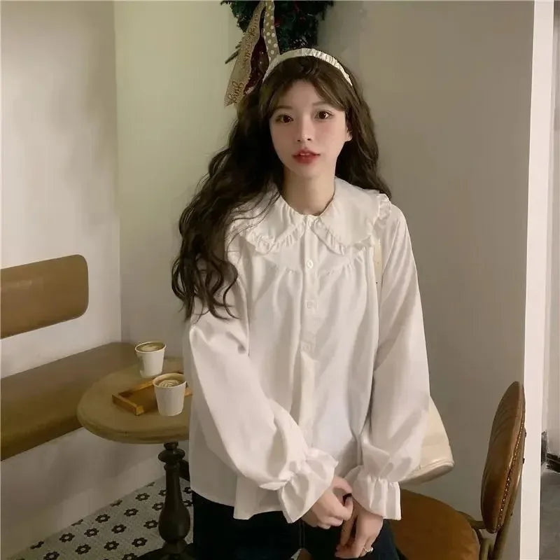 Vintage Women White Shirt Preppy Style Fashion Elegant Female Long Sleeve Blouse Y2K Sweet Kawaii All Match Shirts