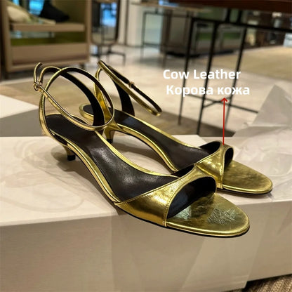 FEDONAS Sexy Women Genuine Leather Sandals Kitten High Heels Summer Party Wedding Shoes Woman Gold Black White Prom Pumps