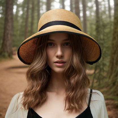 Women's Handmade Summer Sun Hat, Big Black Bow, Large Eaves Beach Straw, Nature Cap, Temperament Flat Collapsible Hat