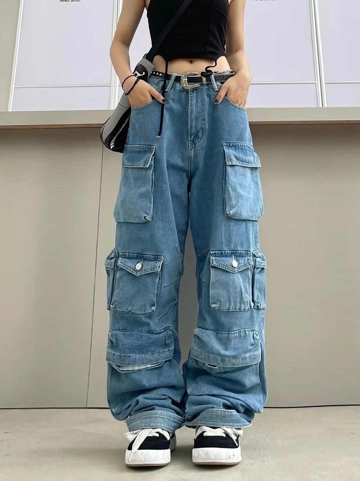 Trendowa dżinsowa odzież robocza | Street Style Black & Grey Multi-Pieszeńskie dżinsy | American Casual High Pary Funkcjonalny projekt