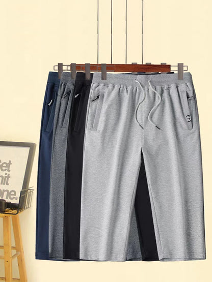 Summer Zip Pockets Sweat Shorts Men Sportswear 3/4 Capris Pants Breathable Cotton Straight Breeches Short Pants Big Size 8XL