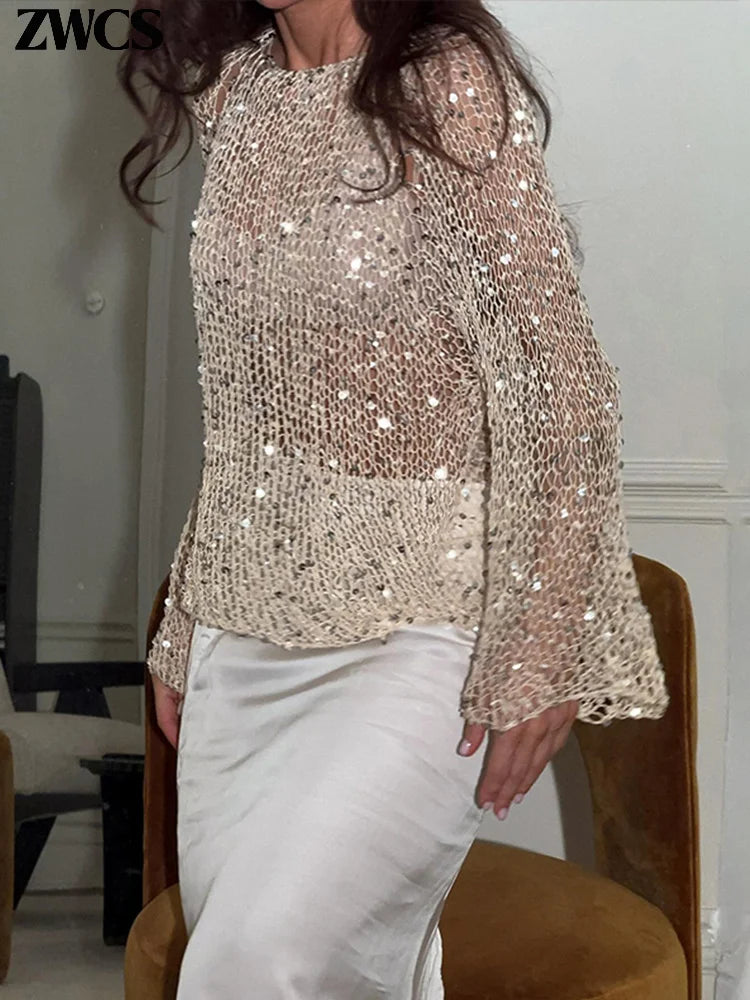 Lantejoulas de moda hollow out women women solt ar-pescoço de suéter comprido 2025 primavera nova senhora malhada camisa brilhante tops streetwear