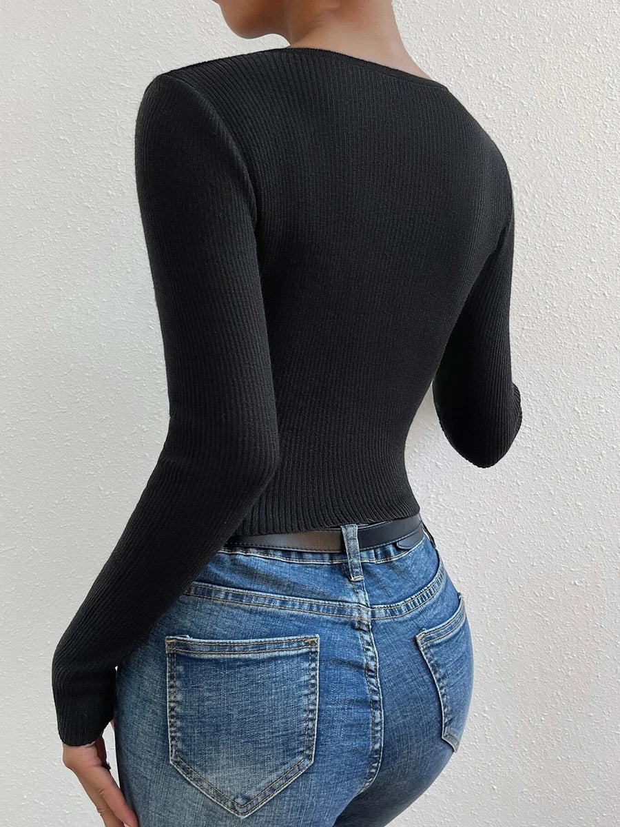 Nuove donne Falf abbottonate a costine Maglietta a maniche lunghe a manica lunghe V Magione a v Rilievo femme slim y2k cupolo pullover maglia