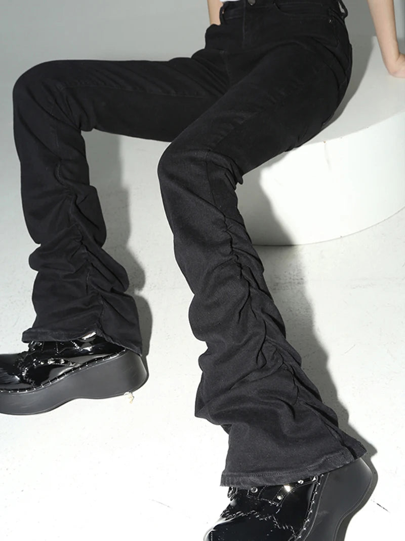 Calça de jeans de flare pilhada de reddáquica Mulheres pretas Goth Retro Strety Stret