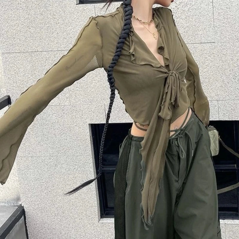 Lange Fackelhülle Blusen für Frauen Schnürmisch sexy süße heiße Mädchen koreanischer Modestil Alleinstimmig Solid Design Elegant Casual Casos