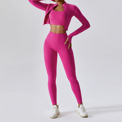 3 Pieces Women Tracksuit Yoga Set Workout Sportswear Gym Clothing Fitness Long Sleeve Crop Top High Waist Leggings Sports Suits