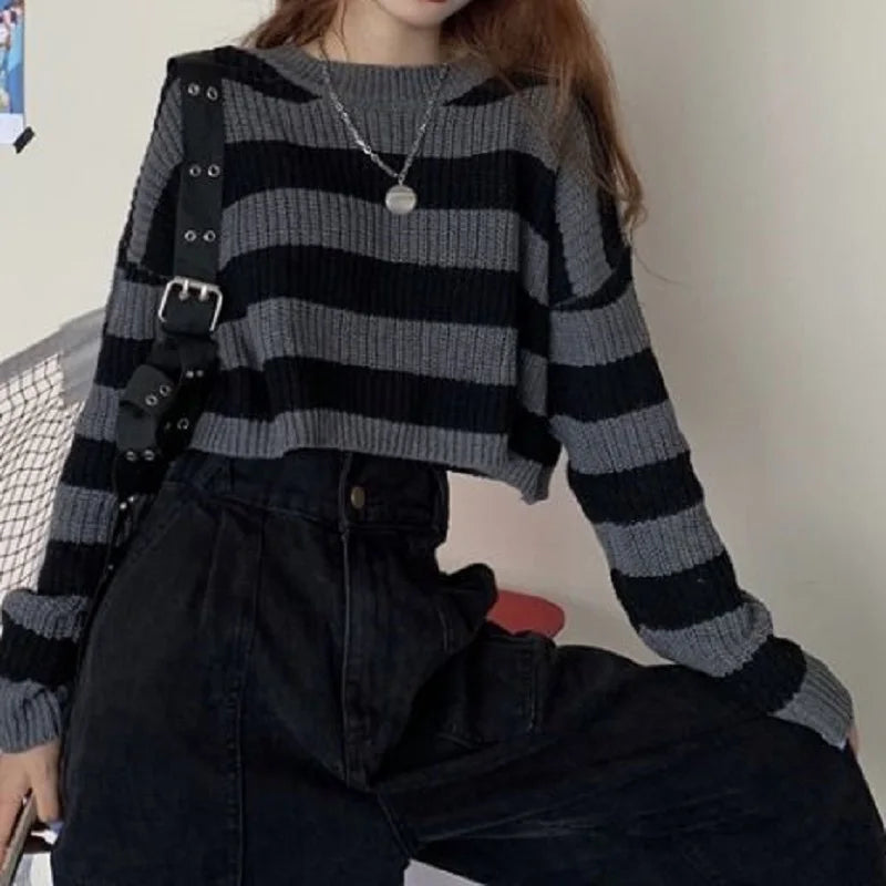 Novi korejski stil Striped obrezani pulover ženske vintage prevelike pletene skakalke ženske jeseni z dolgimi rokavi O-izrez puloverji vrhovi