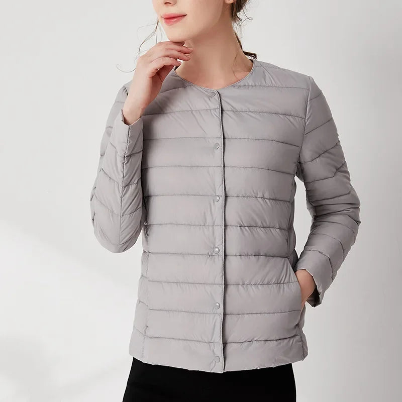 2024 Fall Spring Autume Collarless Light Quilted Puffer Coat New Women Liner Duck Down Jacket O-neck Variable V-neck Female