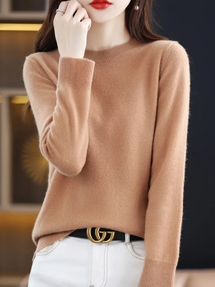 Mode 100% merino ull kvinnors tröja o-hals långärmad pullover vår höst vinter bast Jumper kläder stickkläder toppar