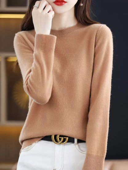 Mode 100% merino ull kvinnors tröja o-hals långärmad pullover vår höst vinter bast Jumper kläder stickkläder toppar