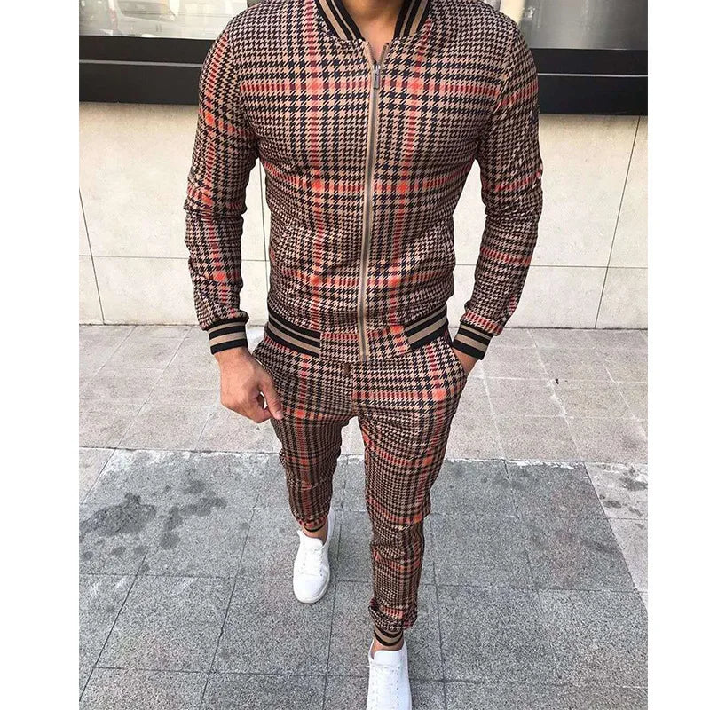 2025 Herbst Herum Männer Tracksuit 2pc Set Plaid Zipper Sweatshirt Jacke Langes Hosen Freigelegte Fitnessstudio Running Jogging Outfit Fleece Sportswear
