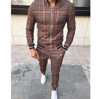2025 Herbst Herum Männer Tracksuit 2pc Set Plaid Zipper Sweatshirt Jacke Langes Hosen Freigelegte Fitnessstudio Running Jogging Outfit Fleece Sportswear