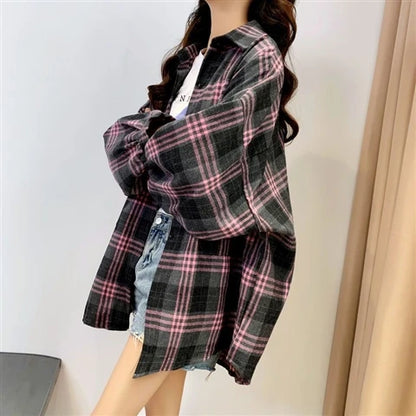 Koszula w kratę Kobiety jesienne długie rękawie Top żeńska moda moda pojedyncza piersi panie w stylu Preppy Style luźne koszule