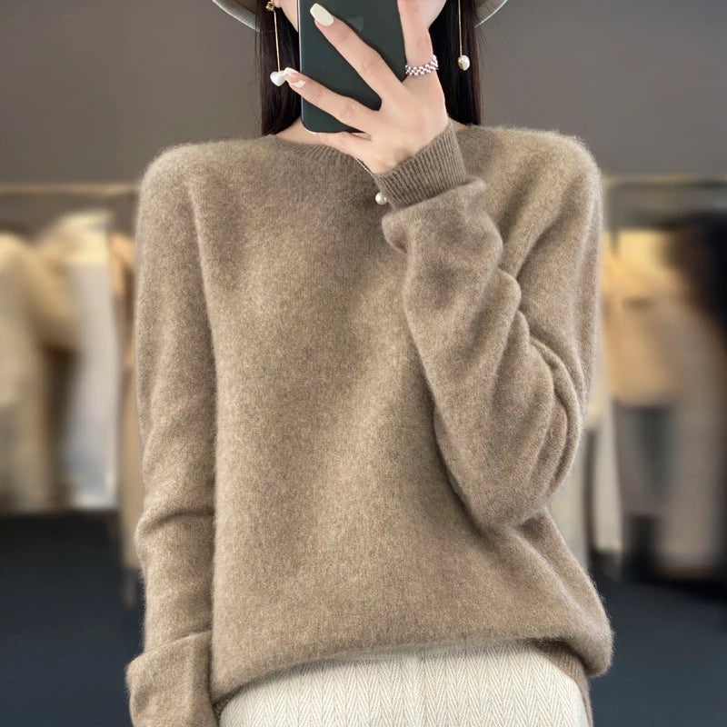 Autumn Winter 100% Merino Wool cashmere Sweater O-Neck Long Sleeve Cashmere Women Knitted Pullover Clothing Top
