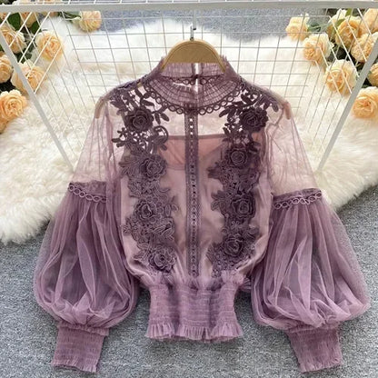 Čipka puff dugi rukavi bluza vintage modne bluze elegantne femme blusas korejske žene vrhovi žene majice odjeća Dropshipping