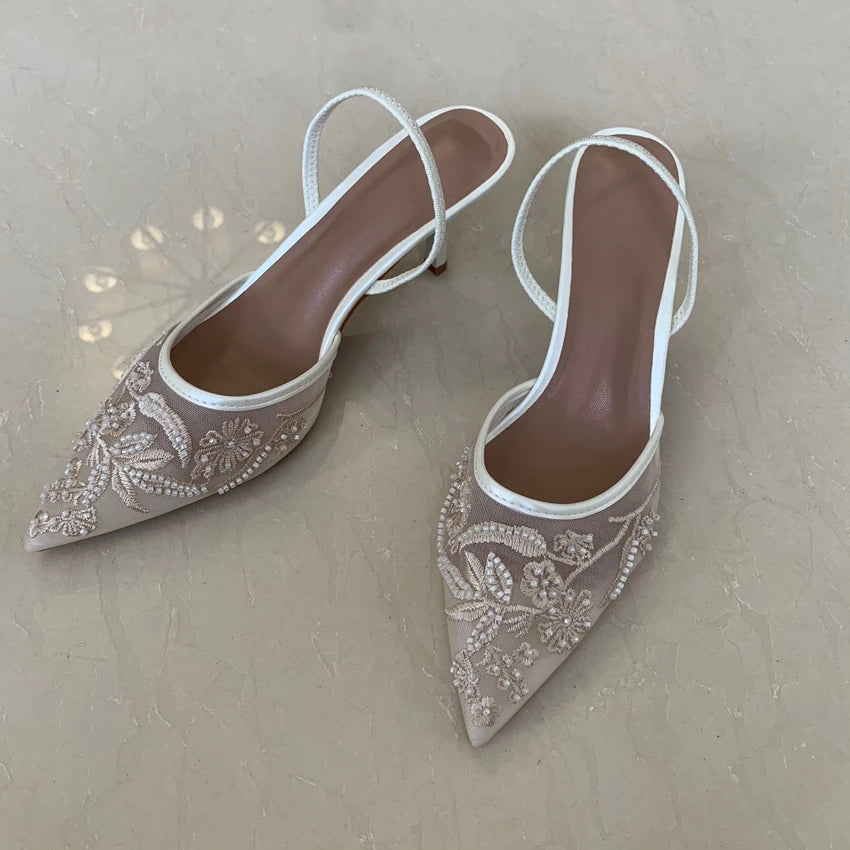 Mesh Embroidered Women Sandals String Bead Thin High Heels Mules Shoes Pointed Toe Slingback Slippers Women Zapatos De Mujer