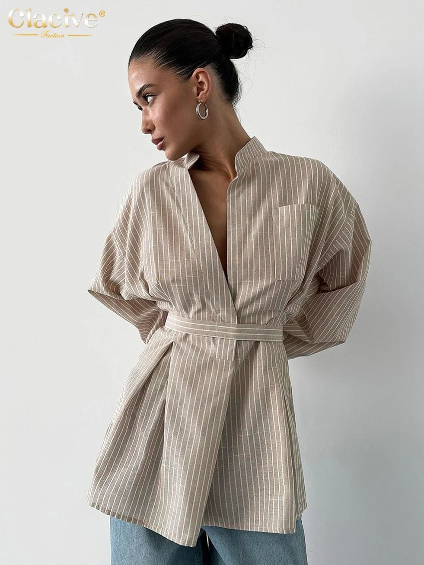 Clacive Vintage Loose Brown Stripe Women Shirts 2025 Fashion Stand Collar Long Sleeve Shirt Elegant Classic Top Female Clothing