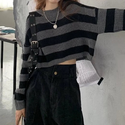 Novi korejski stil Striped obrezani pulover ženske vintage prevelike pletene skakalke ženske jeseni z dolgimi rokavi O-izrez puloverji vrhovi