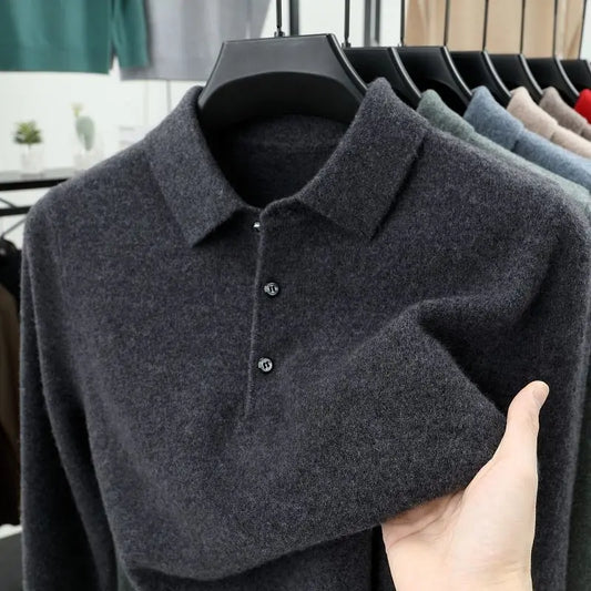 Smart Casual Automn Winter Pull Hommes Bouton de revers solide Simplicité Fashion Luxe Luxe Pauche à manches longues Tites tricotées