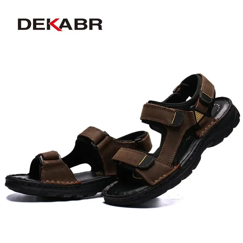 DEKABR Men Genuine Leather Sandals Summer Beach Breathable Fisherman Shoes Slipper Style Soft Bottom Flat Shoes Plus Size 38~48