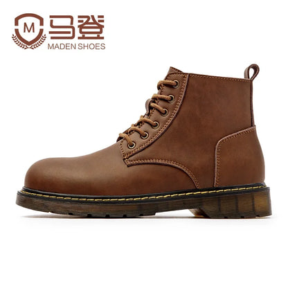 Maden vintage bruin gesplitst lederen high top laarzen mannen herfst en winter motorfiets werk veter ronde teen laarzen buiten enkelschoenen
