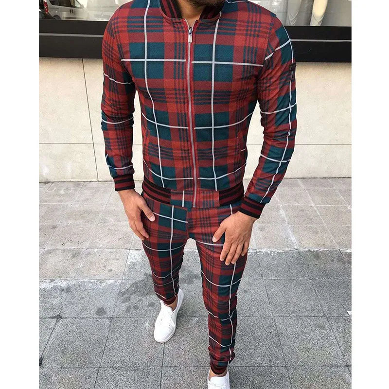 2025 Herbst Herum Männer Tracksuit 2pc Set Plaid Zipper Sweatshirt Jacke Langes Hosen Freigelegte Fitnessstudio Running Jogging Outfit Fleece Sportswear
