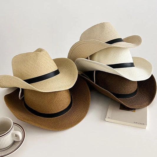 Hot Selling Spring Western Cowboy Cap Straw Hat UV Protection Adjustable Raffia Sun Hat Beach Fishing Outdoor Festival Top Hat