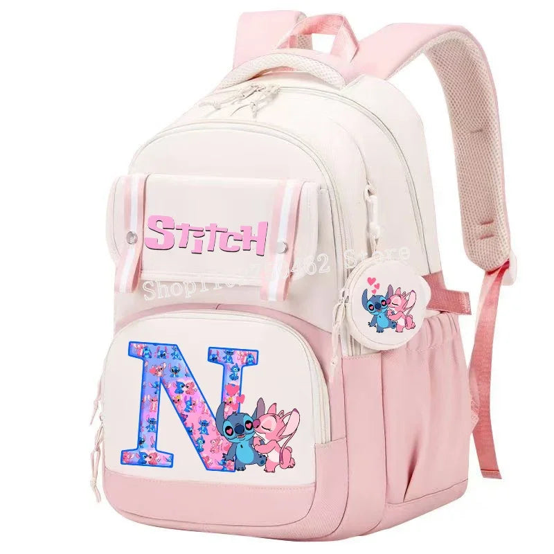 Stitch Angel Backpack Girls Disney Anime Letter A-Z Schoolbags Student School Shoulders Bag Outdoor Sport Travel Rucksack Gift