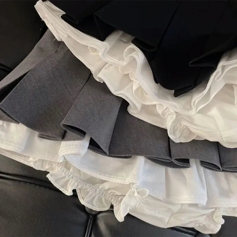 Mooyufon ruffles svart minikjol kvinnor koreanska lapptäcke veckade kjolar japanska kawaii hög midja alla matchar en linjekjol ny