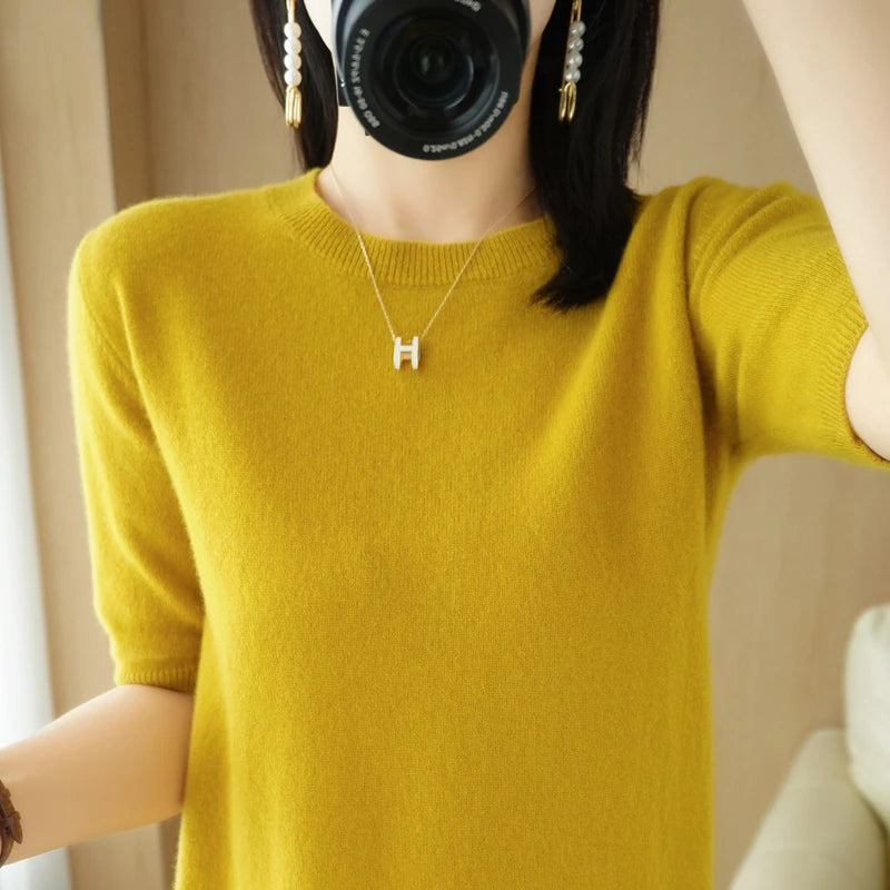 Spring 2022 New Women's O-Neck Short-Sleeved Exquisite Cashmere Sweater Pullover