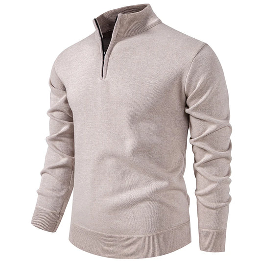Autumn Winter Men's Half Zipper Knitted Pullovers Solid Slin Fit Casual Sweater Male Fleece Warm Stand Collar Pullover Sweaters