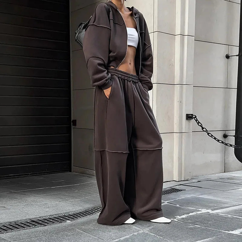 DSMTRC Autumn Winter Outfits High Street Lady Brown Suit Zipper Full Sleeve Hoodies+Low Waist Pants 2Pcs Tracksuit for Woman New