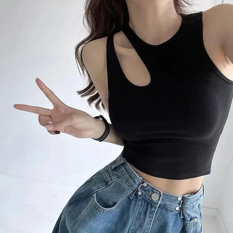 Hollow out plodiny nejlepší letní základní košile žebrované pletené femme o krk z ramene dámské nádrž Skinny neformální