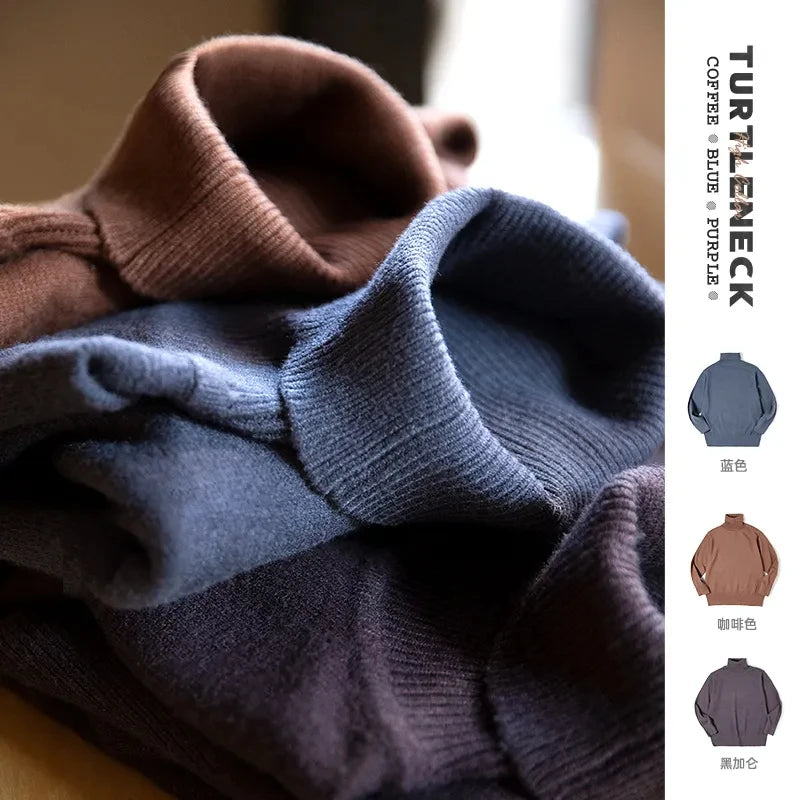 Maden Thermal Sweater Men’s Turtleneck Basic Knitted Shirts Autumn Winter Solid Thick Pullovers Turn-down Collar Soft Underwear
