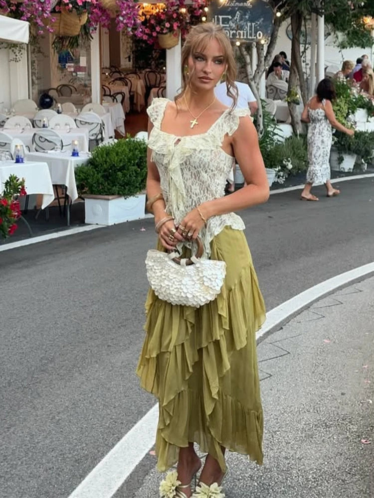 Tyylikäs röyhelöhame pitsi Top Set Naiset Hihaton Hollow Out Vest Cascading Ruffles Pitkät hameet puku 2025 Summer Chic Lady Setes