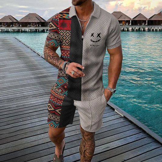 3D Print Nationality Style Men's Short Sleeve Sets Fashion Tee Shorts 2 Piece Outfit Casual Zipper Polo Shirts Summer Loose Suit