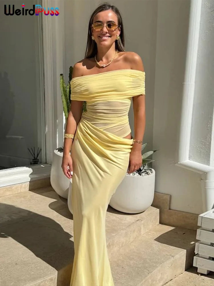 Seltsame kuschelgerüste unregelmäßige Kleid Frauen Mesh Patchwork Slash Neck Kurzarm Dünne Stretchtrend elegante lange Bodycon -Outfits