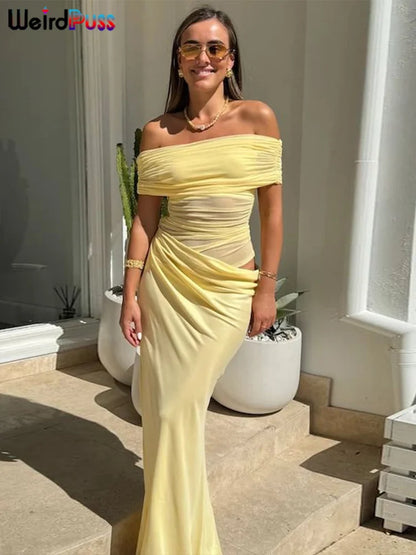 Seltsame kuschelgerüste unregelmäßige Kleid Frauen Mesh Patchwork Slash Neck Kurzarm Dünne Stretchtrend elegante lange Bodycon -Outfits