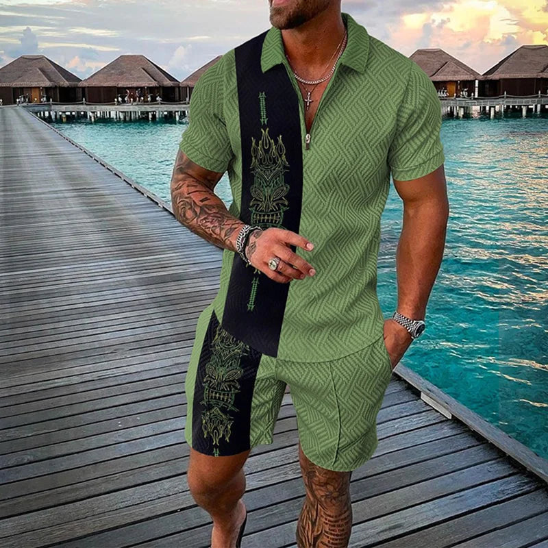 3D Print Nationality Style Men's Short Sleeve Sets Fashion Tee Shorts 2 Piece Outfit Casual Zipper Polo Shirts Summer Loose Suit