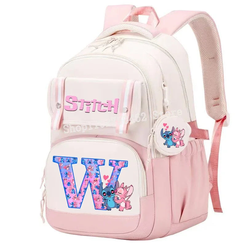 Stitch Angel Backpack Girls Disney Anime Letter A-Z Schoolbags Student School Shoulders Bag Outdoor Sport Travel Rucksack Gift