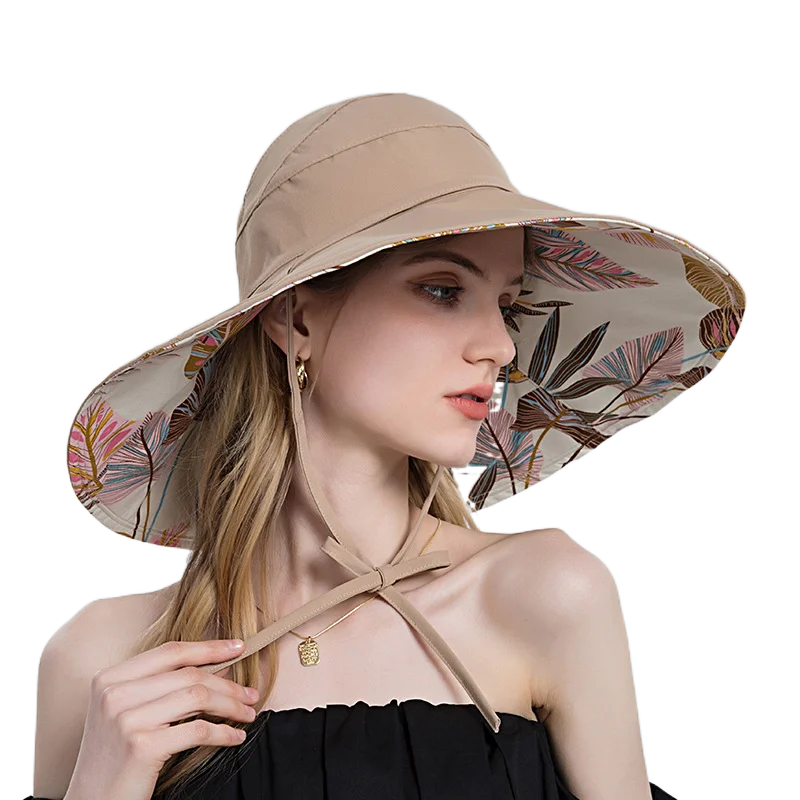 Women Cotton Wide Brim Sun Hats Metal Wired Edge Summer UV Protection UPF Boho Hat for Beach Hiking Garden Travel Chin Strap