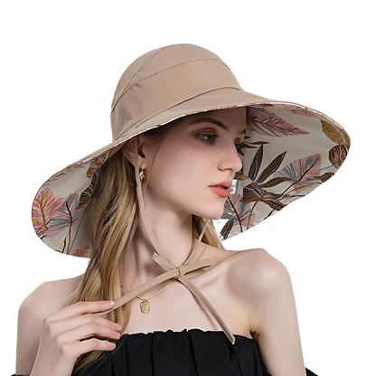 Women Cotton Wide Brim Sun Hats Metal Wired Edge Summer UV Protection UPF Boho Hat for Beach Hiking Garden Travel Chin Strap