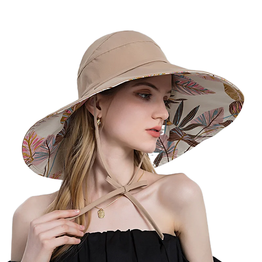 Women Cotton Wide Brim Sun Hats Metal Wired Edge Summer UV Protection UPF Boho Hat for Beach Hiking Garden Travel Chin Strap